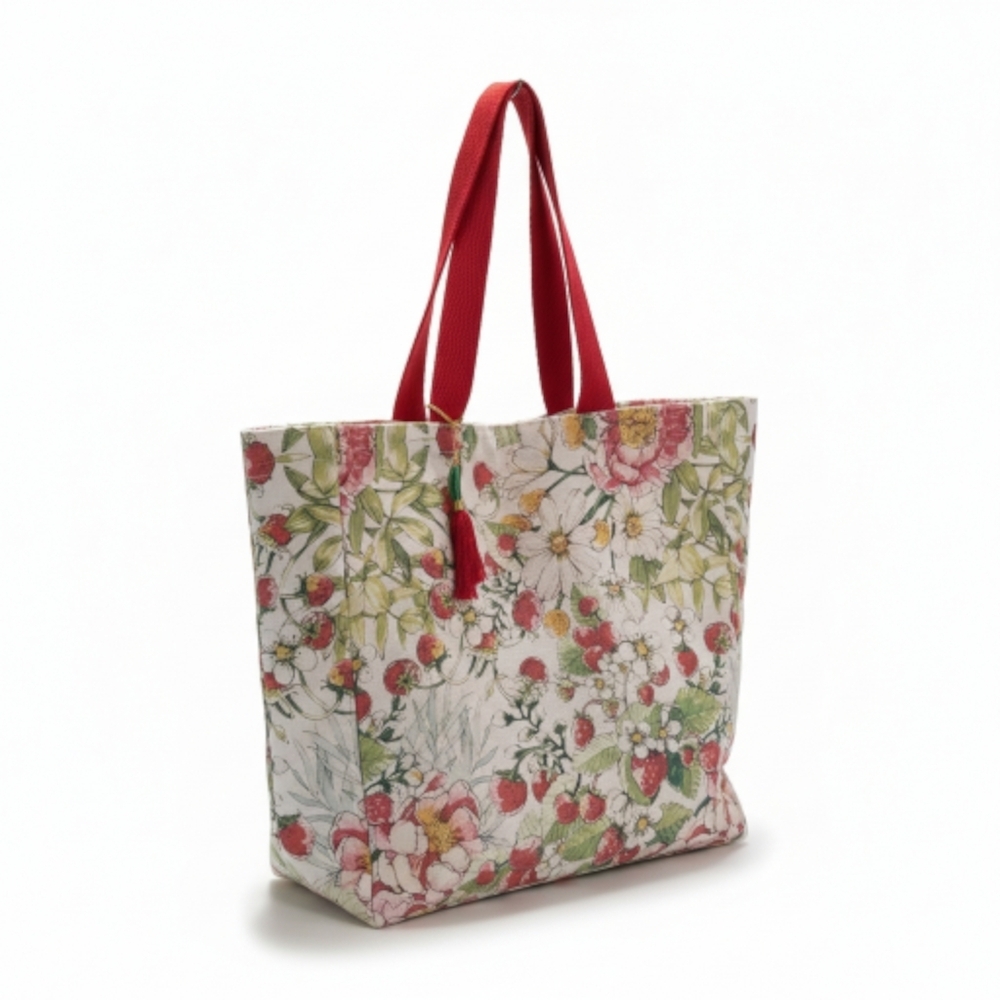 Strawberry Floral Cotton Tote Bag with Red Handles